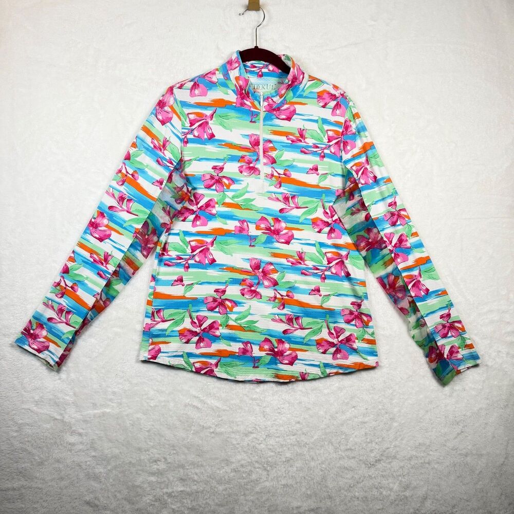 IBKUL Women's M Floral 1/4 Zip Long Sleeve UPF Golf Pullover Pink Blue Top